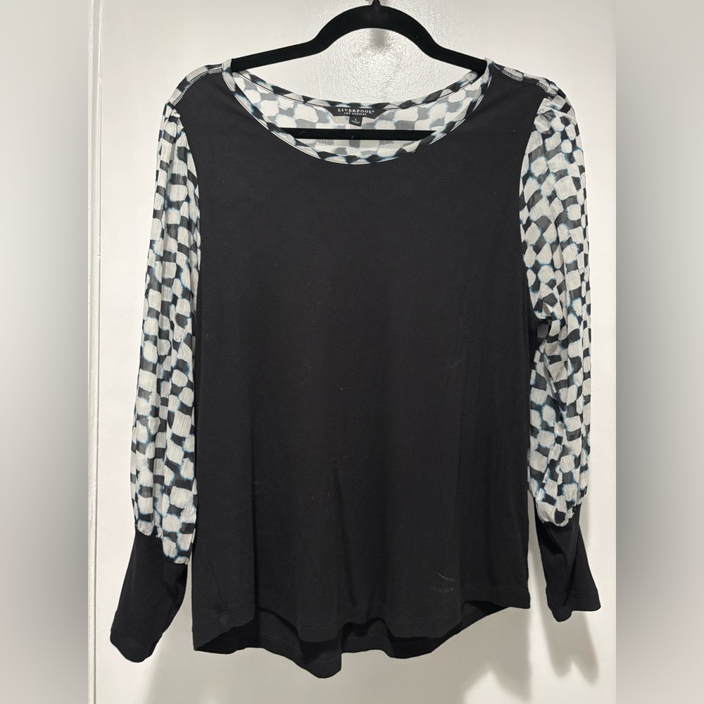 Liverpool Knit to Woven Black Top with Geometric Sleeves Large